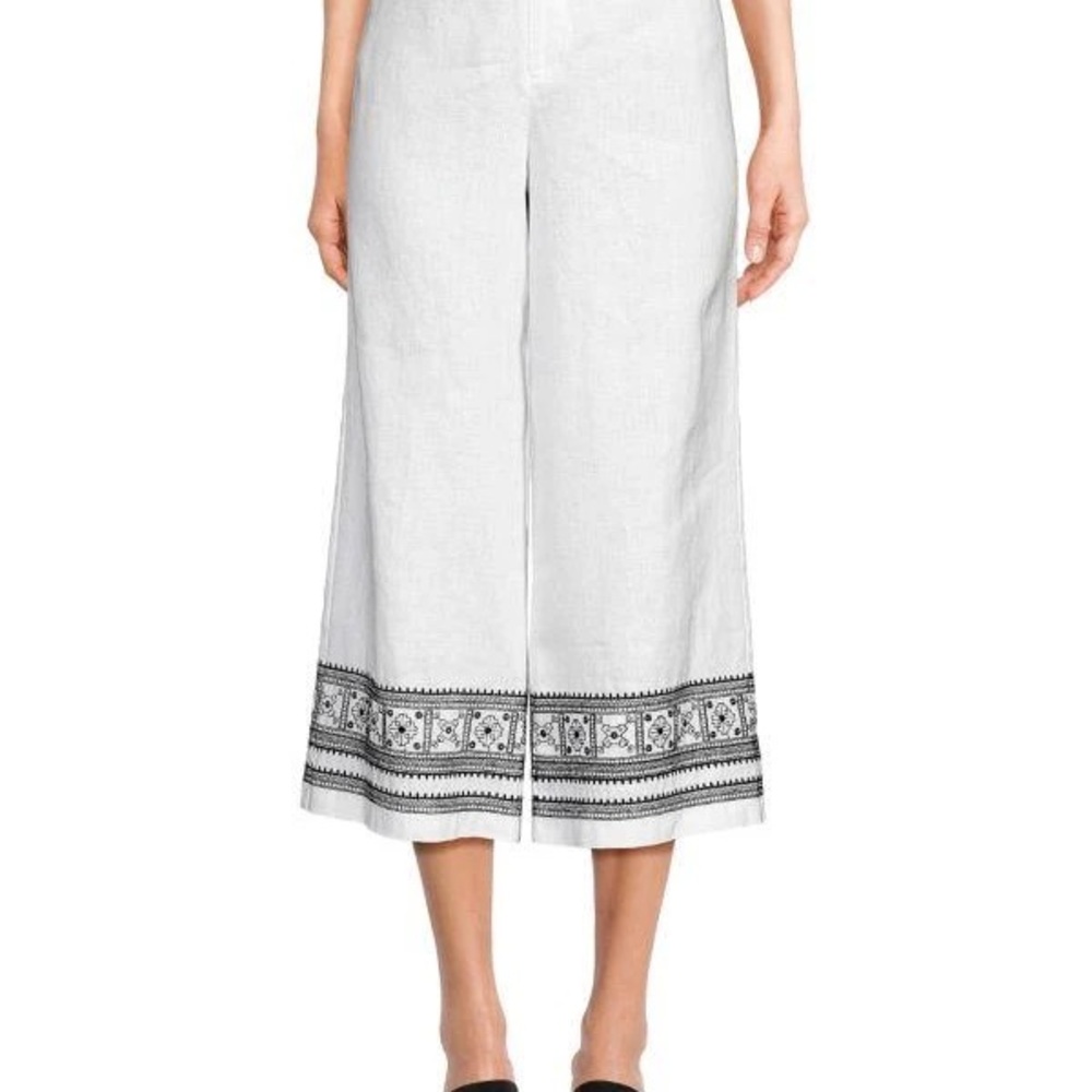 Saks Fifth Avenue White Cropped Wide-Leg Pants with Black Embroidered Hem